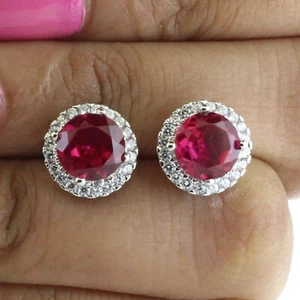 Halo Stud Earrings 2.32 Ct Lab Created Pink Ruby & Real Diamond Solid 14K Gold  - Picture 1 of 11
