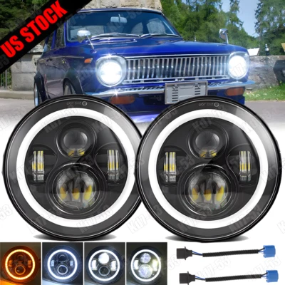 Par de bombillas giratorias LED redondas de 7 pulgadas Halo DRL para Toyota Corolla 1968-1979 Foto 1 de 4