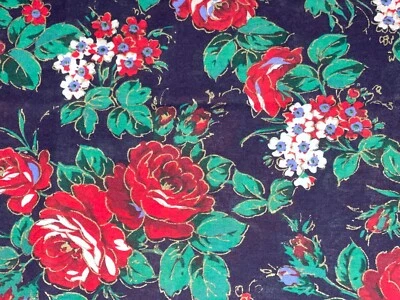 22" X 60" Red Green Black Gold Metallic Rose Floral Cotton Fabric by Cranston - Image 1 of 4