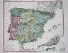 1882 XL ORIGINAL MAP SPAIN PORTUGAL LISABON CATALONIA VALENCIA ANDALUSIA BILBAO