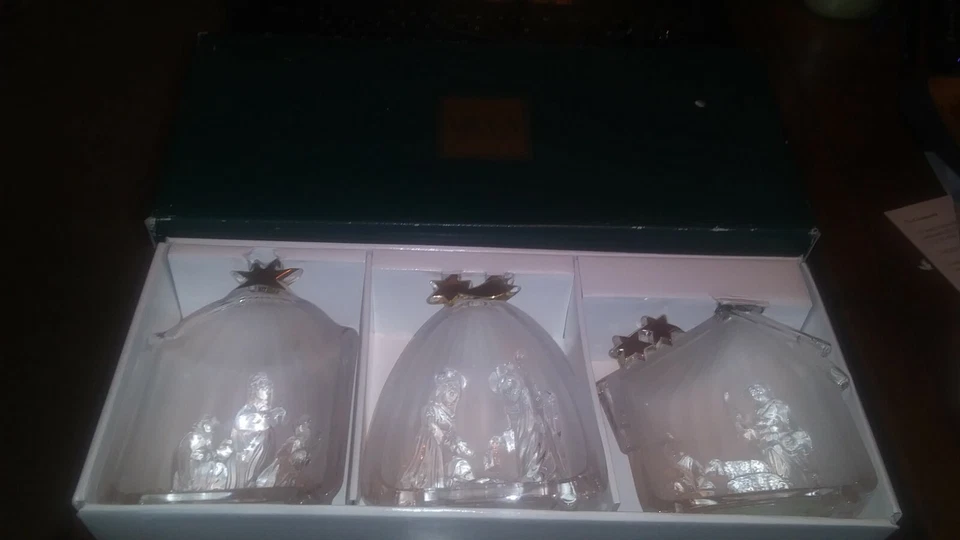 Mikasa Golden Stars 3 PC Frosted Crystal Nativity Tea Light Sculpture Germany