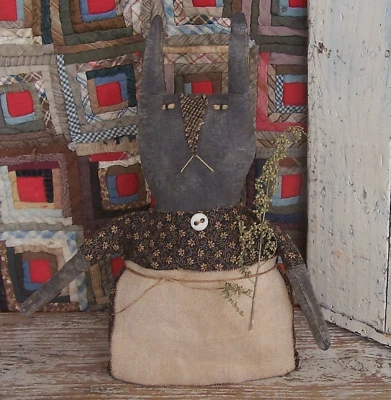 Primitive Rabbit Doll Black Dress, Grungy Rustic Bunny Decor - ARTISAN MADE - Image 1 of 4