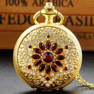 Gold Luxury Pocket Watch Ruby chain Full Hunter Quartz Gift Antique Fob Watches - Picture 1 of 12