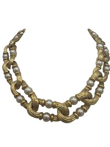 Vintage Nolan Miller Faux Pearl Gold Plated Designer Necklace Heavy Link - Picture 1 of 6