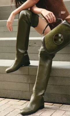 Botas hasta la rodilla de caballero punta redonda para mujer empalme planas zapatos sexy mostrar Foto 1 de 4