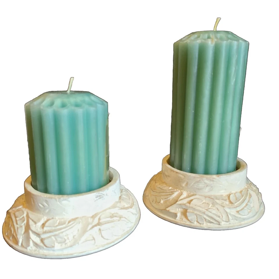 Pair Wooden Pillar Candle Holders Rustic Carved Farmhouse White - Holds Med - XL - Image 1 of 4