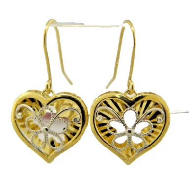 14K Solid Gold Two Tone Drop Dangle Heart Hook Earrings - Image 1 of 4