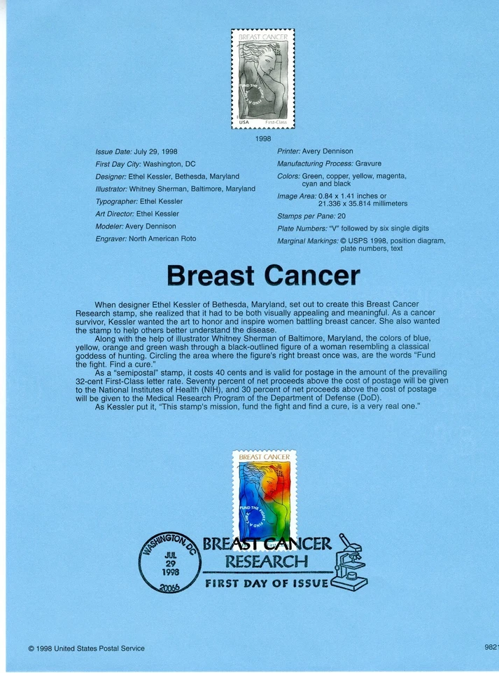 1998 USPS 32¢ BREAST CANCER #9821 on Archival Paper - Image 1 of 1