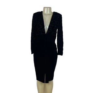 Vestido midi vintage Maggy London negro con lazo bordado manga larga talla 10 - Imagen 1 de 6
