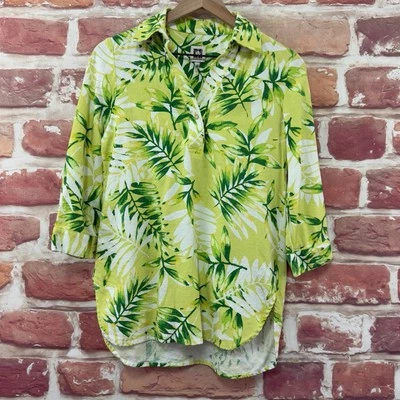 Camisa Anne Klein Top Mujer XS Verde Multicolor Hojas Abstractas Mezcla Lino Foto 1 de 4