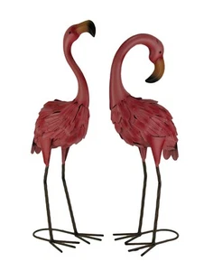 Set of 2 Decorative Metal Pink Flamingo Yard Statues - Picture 1 of 3