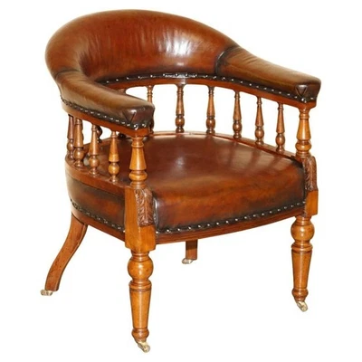 SILLA CHESTERFIELD CAPITANES CUERO MARRÓN VICTORIANO ANTIGUA FINA TOTALMENTE RESTAURADA Foto 1 de 4