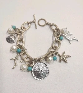 Vintage Gold Tone Nautical Shell Beaded Charm Bracelet 8", C15 - Picture 1 of 7