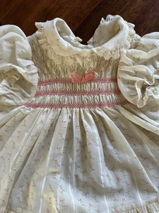 Polly Flinders Vintage Dress Pink Flowers Smocked Sz 18 Months Prairie Cottage - Picture 1 of 5