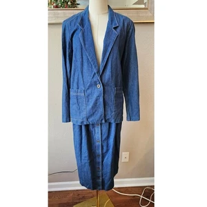 Vintage Alfred Dunner Button Front Denim Blazer and Skirt Suit Women Sz 10 Blue - Picture 1 of 8