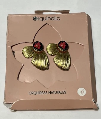 Brincos pretos flor vermelha tom dourado orquiólico novo  - Imagem 1 de 3