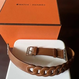 Correa de reloj Hermes Apple edición limitada cuero marrón doble envoltura hebilla plateada - Imagen 1 de 6