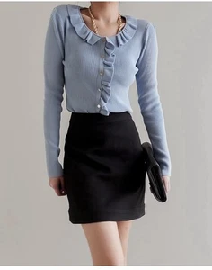 Sandro Cardigan Women 3 Large Blue Ribbed Ruffles Buttons Up Knit Long Sleeves - Picture 1 of 20