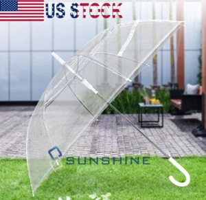 46Inch Clear Umbrella Large Auto Open Windproof Transparent J Hook Handle Stick - Picture 1 of 12