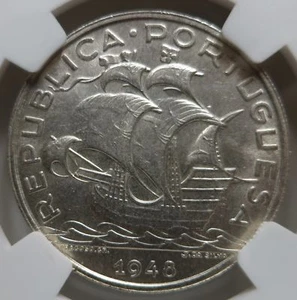 PORTUGAL Republic 10 Escudos 1948 NGC MS 62 UNC Sailing Ship Silver Graded - Picture 1 of 8