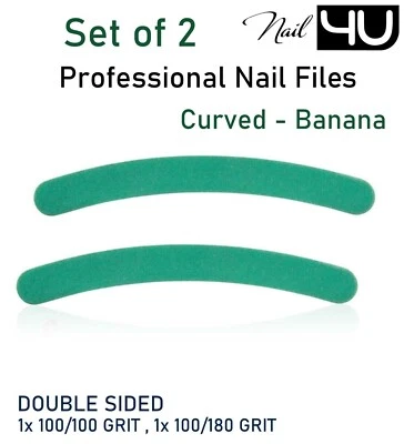 Set of 2 Curved Nail Files GREEN Double Sided Banana Boomerang 100/100/180 grit - Image 1 of 4
