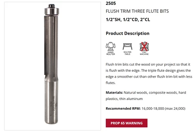 Whiteside 2505 4-inch Flush Trim Three-Flute Router Bit, 1/2-inch Shank - Image 1 of 2