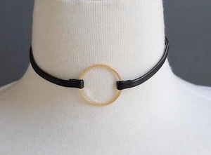 Schwarz Kunstleder Gold Kreis Halsband Verstellbar Halsband Halskette 12-14" Lang - Bild 1 von 4