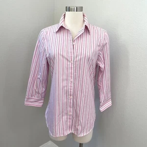 Chaps Womens Large No Iron Pink White Striped Button Up Shirt 3/4 Sleeve Blouse - Picture 1 of 9
