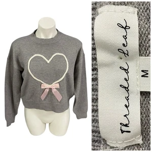 Threaded Leaf Pullover Damen Größe M Grau Cropped Herz Schleife Herzausschnitt - Bild 1 von 11