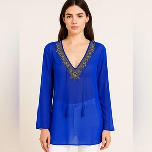 Top túnica transparente adornada con cuentas azul real Yumi Kim o cubierta de natación talla S - Imagen 1 de 16