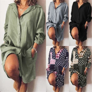 ZANZEA Womens Long Sleeve Button Down Tops Blouse Casual Loose Tunic Shirt Dress
