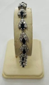 925 Sterling Silver Blue Saphire Cubic Zirconia Tennis Bracelet - Picture 1 of 7