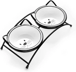 NEW Elevated Cat Feeder Raised Metal Stand w/ 2 ceramic bowls 12 oz. dishes blk - Picture 1 of 5