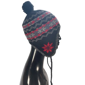 Beanie gefüttert warm Wintermütze Ski Schnee schwarz rot Strick Bommel - Bild 1 von 5