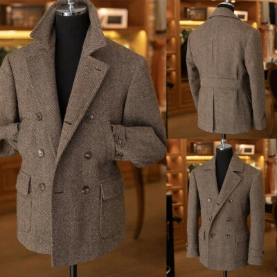 Traje Para Hombre Espiga Estilo Británico Formal Negocios Con Cinturón Chaqueta Tweed Abrigo Foto 1 de 4