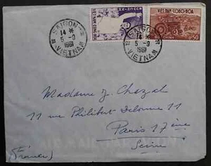 1961 Vietnam Cover ties 2 stamps cancelled Saigon to Paris France - Picture 1 of 2
