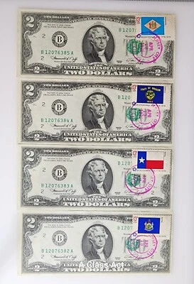 4 US 2 Dollar Bill 1976 (B) Consecutive Notes USPS Stamps, Canceled T8103 - Image 1 of 4