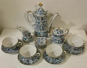 Blue Paisley By Lefton, Cream & Sugar Bowls, Cups And Saucers & Teapot For Four - Picture 1 of 21