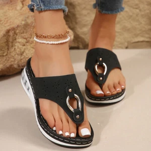CoolAir Cushion Thong Sandals Summer Flip Flops Hollow Metal Buckle Wedges Shoes - Picture 1 of 9