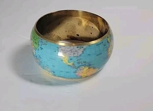 World Globe Map Bracelet Wide Curved Metal Bangle Vintage 1980's  Fun Colorful - Picture 1 of 11