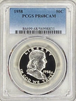 1958 ДОКАЗАТЕЛЬСТВО FRANKLIN ПОЛОВИНА ДОЛЛАРА PCGS PR68 CAM, УНИФОРМА КАМЕИ, HEAVEY НА АВЕРСЕ - Изображение 1 из 2