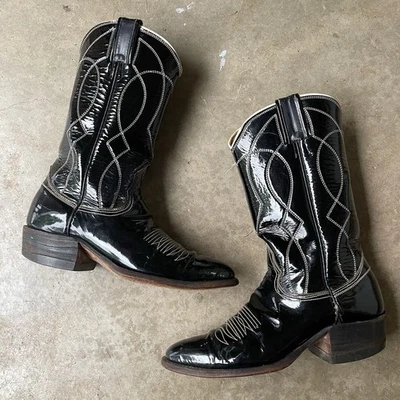 Vintage Nocona Patent Leather Cowboy Boots 6.5 Glossy Old Black Label Women’s - Image 1 of 4