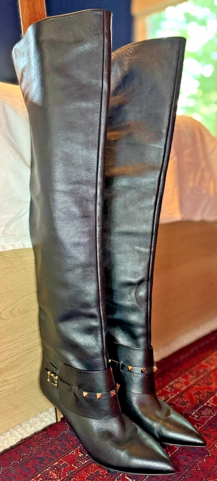 Valentino Sobre la Rodilla Rockstud Cuero Tachuelas Stilletto Botas Negras Talla 10/40 Foto 1 de 4