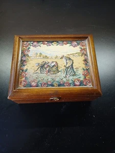 Vintage Wood Jewelry Box Padded Tapestry Lid with Compartment Tray Japan - Picture 1 of 9