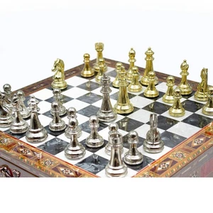 Luxury Wooden Chess Set With Storage Units - Gold And Silver Metal Chess Pieces - Picture 1 of 12