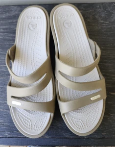 Crocs Patricia Slip on Wedge Sandals Strappy Bone Women's Sz 10 - Picture 1 of 7