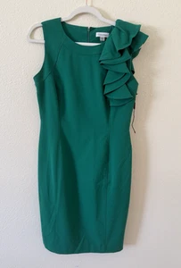 NWOT Calvin Klein Sleeveless Dress Size 8 Asymmetric Ruffle Shoulder Cyan Green - Picture 1 of 15