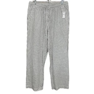 Talbots Linen Blend Drawstring Pants Size L Olive Stripe Wide Leg Coastal NEW - Picture 1 of 12