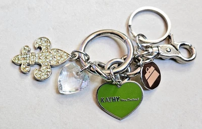 Kathy Van Zeeland Keychain Rhinestone Fleur de Lis Silver Tone Green Heart Charm - Image 1 of 4
