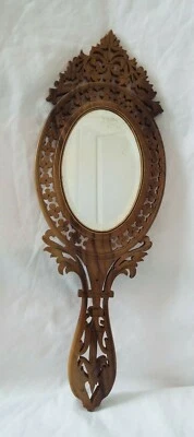  Face à main miroir biseauté glace bois  repercé hirondelles XIXe vitrine - Photo 1/4